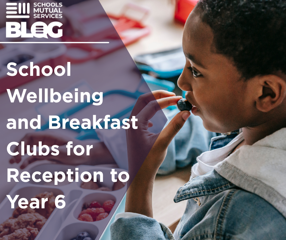 A young school boy eating breakfast in school. The caption reads "Schools Mutual Services Blog - School Wellbeing and Breakfast Clubs for Reception to Year 6"